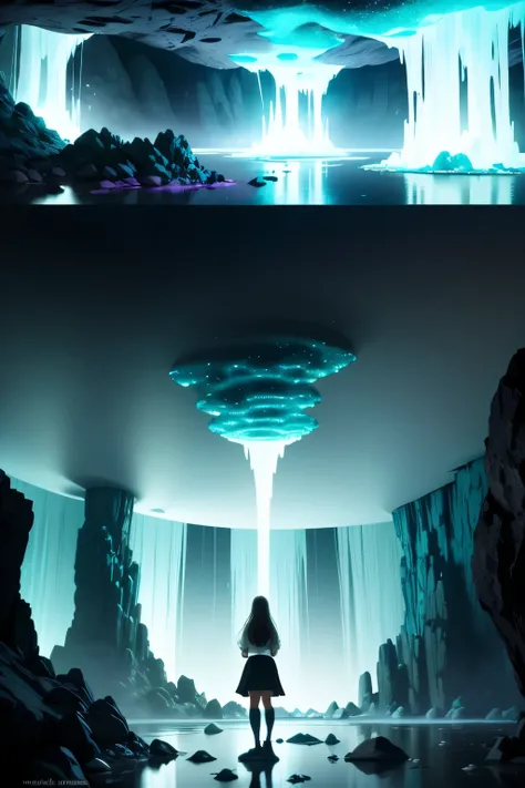 Three girls walk inside an underground cave filled with glowing crystals that emit a soft, ethereal light. The walls are covered in moss and stalactites, creating an otherworldly atmosphere. The terrain is rocky and wet, with lakes that reflect the light o...