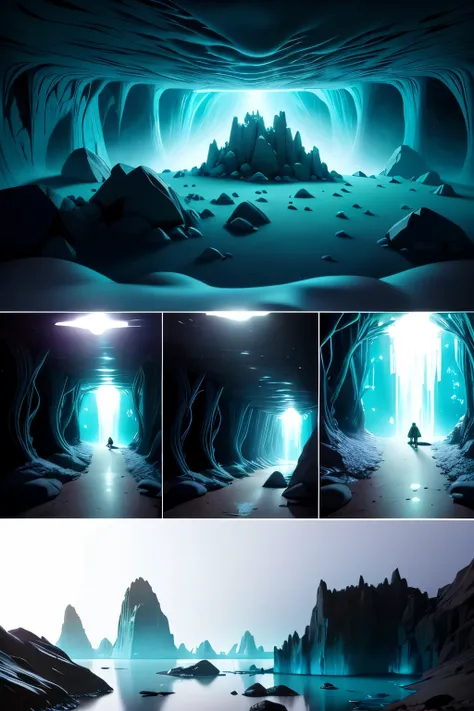 Three girls walk inside an underground cave filled with glowing crystals that emit a soft, ethereal light. The walls are covered in moss and stalactites, creating an otherworldly atmosphere. The terrain is rocky and wet, with lakes that reflect the light o...