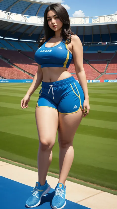 Arabic teacher in stadion, curvy body, very detail ,wide hips, loong legs ,thick high, full body in camera, wearing Sports shoes, Wearing jogging shorts clothes and a small pale blue crop top