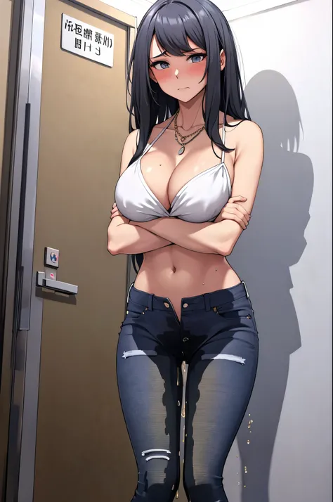 A woman with very long black hair and (very long bangs:1.5), wearing a stylish long jacket and tight jeans, (low-rise jeans:1.25), (low-cut jeans:1.25), standing. The artwork is inspired by manga and incorporates a doujin style. The woman appears to be (we...