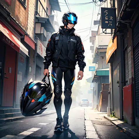 Full-face helmet, man, full body, black clothes, black bike, refreshing atmosphere 