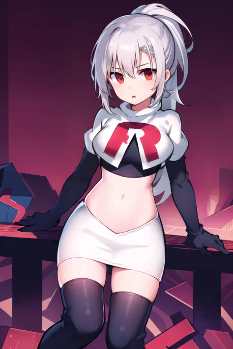 1girl, tina, best quality, long ponytail, silver hair, red eyes, highly detailed, team rocket,team rocket uniform,white skirt,red letter R,crop top,black thigh-highs,black elbow gloves