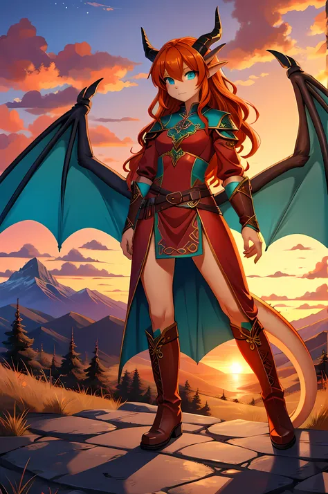 anime style art, fantasy style art, beautiful Celtic dragon girl, European girl, long wavy bright orange hair, bright teal eyes, realistic and sparkling teal eyes looking at viewer, shapely body, skinny body, healthy body, purple and red warrior outfit, re...