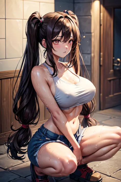 (Very detailed, highest quality, Anatomically perfect body), One girl, Anime Girls, dark brown hair,long hair,twintails,dark brown eyes,heart shaped pupils, Large Breasts,beautiful breasts,long nipples, (Big Ass),beautiful ass,sweat,wet,Embarrassed,Tank To...