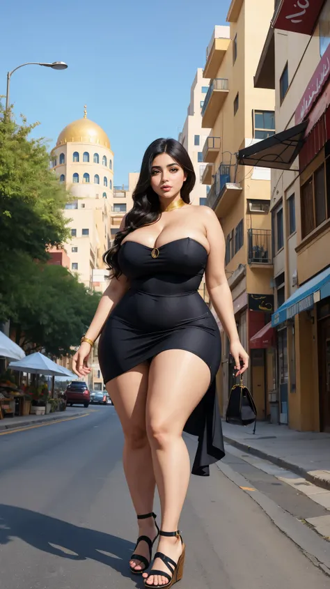 Arabic Woman in street, curvy body, very detail ,wide hips, loong legs ,thick high, full body in camera, wearing strap wedges, wearing strapless shorttubedress, 