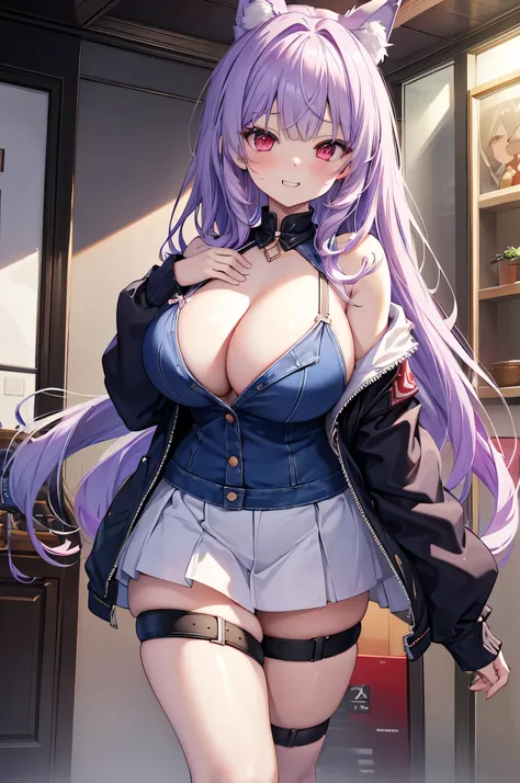 The best masterpiece、Wolf Girl, Large Breasts, Voluminous light purple hair, masterpiece , Red eyes, hd, Thick thighs, Head to Chest, buried in my chest、Double teeth、tooth、Chubby、Grinning、Bunny girl、Big Tits、Denim Jacket、white iris、