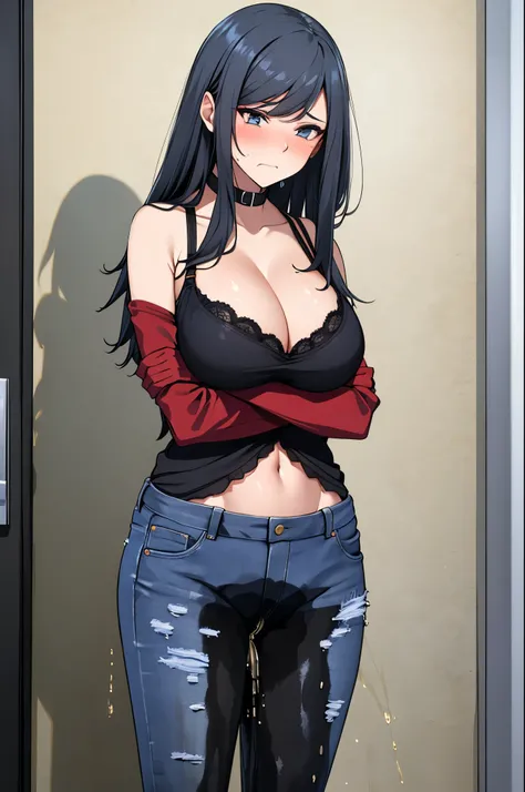 A woman with very long black hair and (very long bangs:1.5), wearing hoodie and gray jeans, pantyhose, standing. The artwork is inspired by manga and incorporates a doujin style. The woman appears to be (wetting herself:1.5), which causes her to feel embar...