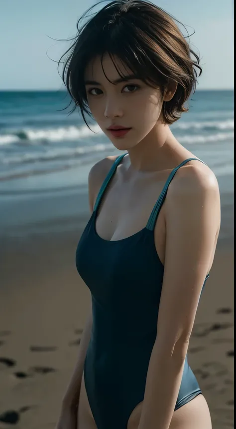 Best quality, masterpiece, ultra high res, (photorealistic:1.5), raw photo, 1girl, beach, deep shadow, low key, cold light, sexy look, short hair, swimsuit