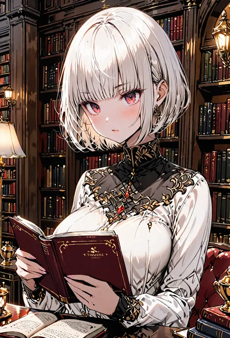 female, solo, sfw, medium shot, white hair, red eyes, mansion, gold, luxury, very large breasts, short hair, bob cut hair, library, blush, reading, short, modest clothes, lamp, coffee