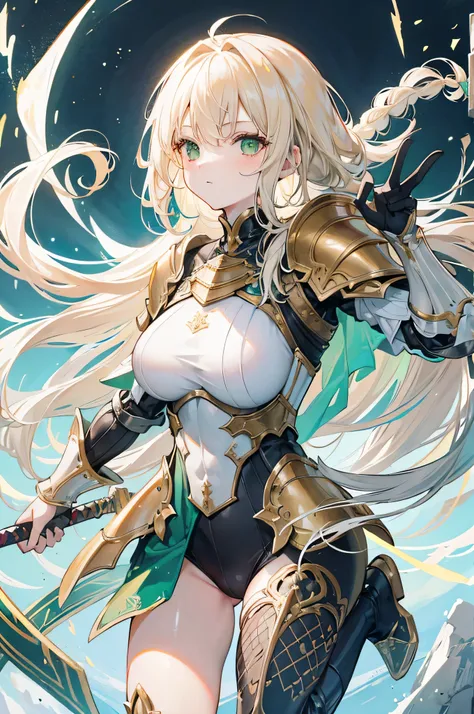 4k,High resolution,One Woman,Cream colored hair,long hair,Braid,Green Eyes,knight,White leotard armor,Full Armor,Heavy Armor,Black shoes,Fishnet tights,Gold decoration,Long sword,Plains