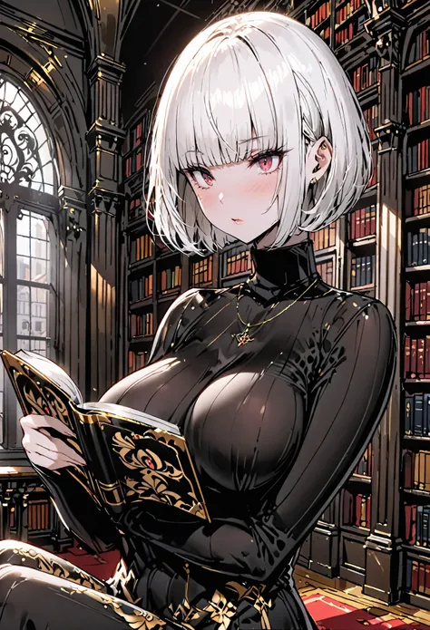 female, solo, sfw, medium shot, white hair, red eyes, mansion, gold, luxury, very large breasts, curvy, short hair, bob cut hair, library, blush, reading, short, black turtleneck