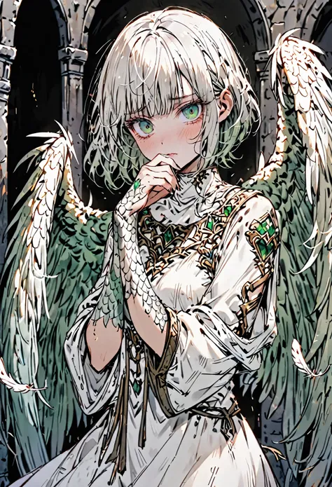 solo, female, sfw, warm, harem, medieval, harpy, large wings, wings, short, shy, dazed, unsure, emerald eyes, thick lashes, disheveled hair, short hair, bob cut hair, worn clothes, white dress, thin, shy pose, medium shot, claws:1.2, scales on hands, white...