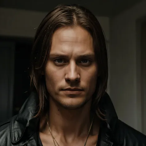 Ator Alexander skarsgard no papel de amleh, cicatriz horizontal no nariz, cicatriz vertical no olho direito, olho direito cego