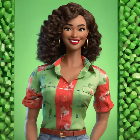 A brown-skinned brunette with black eyes smiling with red lipstick with curly hair and makeup and shoulders wearing a green blouse the color of the blouse only Green, 36 years old holding a Green credit card with her right hand open upwards
better quality