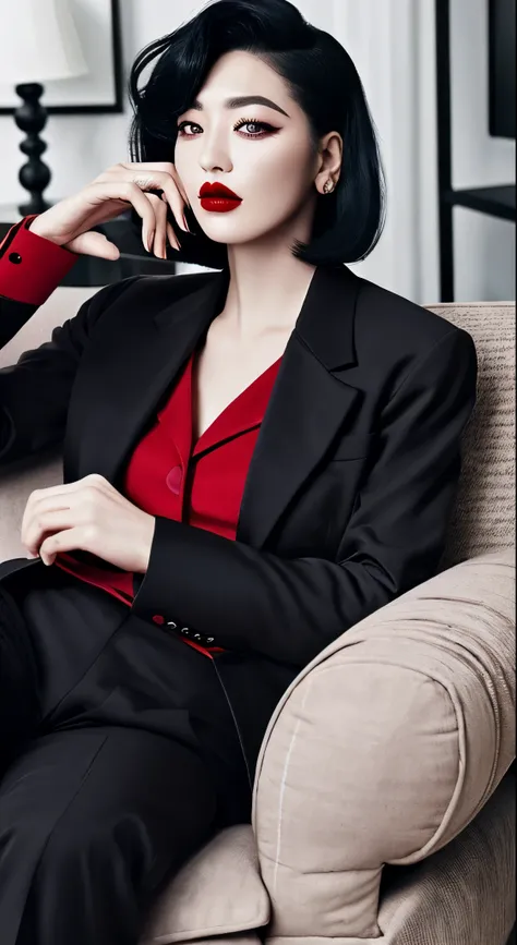 1 person, Sitting on the couch, Have a mobile phone, Black Hair, Iris, Red lips, Black suit, Question, Tangle, masterpiece, Best Quality