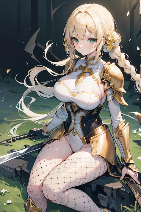 4k,High resolution,One Woman,Cream colored hair,long hair,Braid,Green Eyes,knight,White leotard armor,Full Armor,Heavy Armor,Black shoes,Fishnet tights,Gold decoration,Long sword,Plains