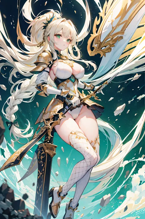 4k,High resolution,One Woman,Cream colored hair,long hair,Braid,Green Eyes,Big Breasts,knight,White leotard armor,Full Armor,Heavy Armor,Black shoes,Fishnet tights,Gold decoration,Long sword,Plains