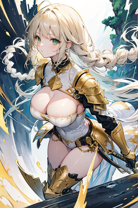 4k,High resolution,One Woman,Cream colored hair,long hair,Braid,Green Eyes,Big Breasts,knight,White leotard armor,Full Armor,Heavy Armor,Black shoes,Fishnet tights,Gold decoration,Long sword,Plains