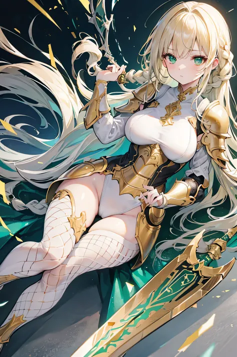 4k,High resolution,One Woman,Cream colored hair,long hair,Braid,Green Eyes,knight,White leotard armor,Full Armor,Heavy Armor,Black shoes,Fishnet tights,Gold decoration,Long sword,Plains