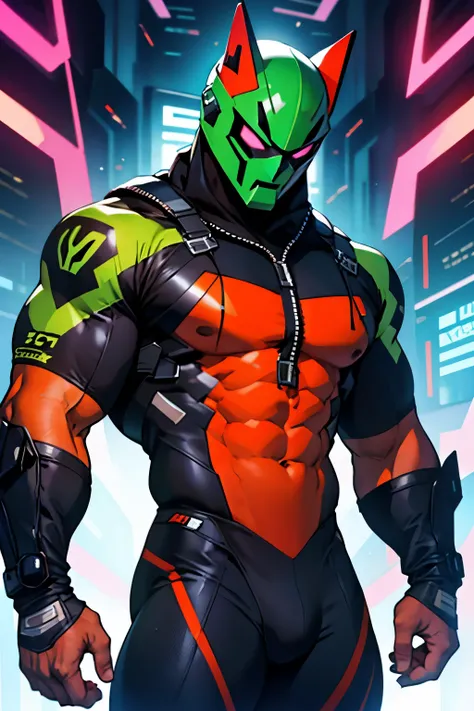 a muscular mexican cyber-hero with spandex cyber-suit, mask on, giant