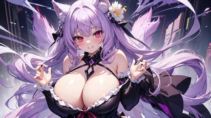 Wolf Woman, Big Breasts, Voluminous light purple hair, One girl, masterpiece , Red eyes、Double teeth、tooth、Blushed cheeks、 hd, Head to Chest, buried in my chest、Underbust、Cleavage、Frilled bikini、Big Tits、Open your mouth wide、Grin、White Iris、