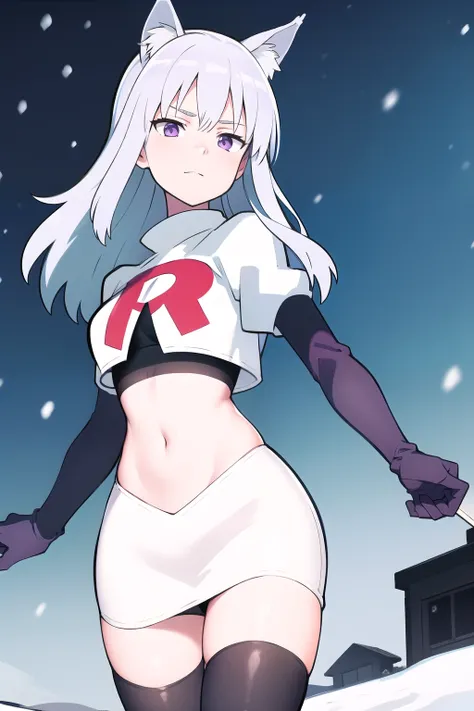 masterpiece, best quality, 1girl, aurora e. juutilainen, dog tail, animal ears, purple eyes, silver hair, outside, snow, team rocket,team rocket uniform,white skirt,red letter R,crop top,black thigh-highs,black elbow gloves