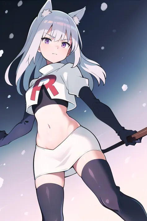 masterpiece, best quality, 1girl, aurora e. juutilainen, dog tail, animal ears, purple eyes, silver hair, outside, snow, team rocket,team rocket uniform,white skirt,red letter R,crop top,black thigh-highs,black elbow gloves