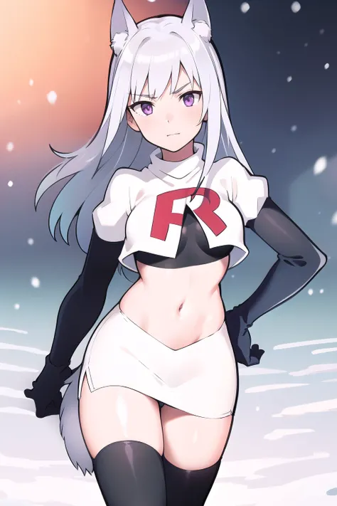 masterpiece, best quality, 1girl, aurora e. juutilainen, dog tail, animal ears, purple eyes, silver hair, outside, snow, team rocket,team rocket uniform,white skirt,red letter R,crop top,black thigh-highs,black elbow gloves