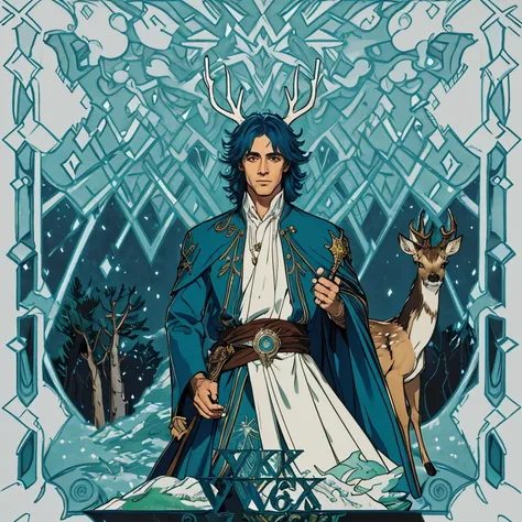 Make a hybrid character of a deer and a wizard, cabello blanco, que sea hombre, es muy guapo, is located in a fantastic forest, y es muy guapo, su atuendo es de color azul y sis ropas tipo dangeons and dragons