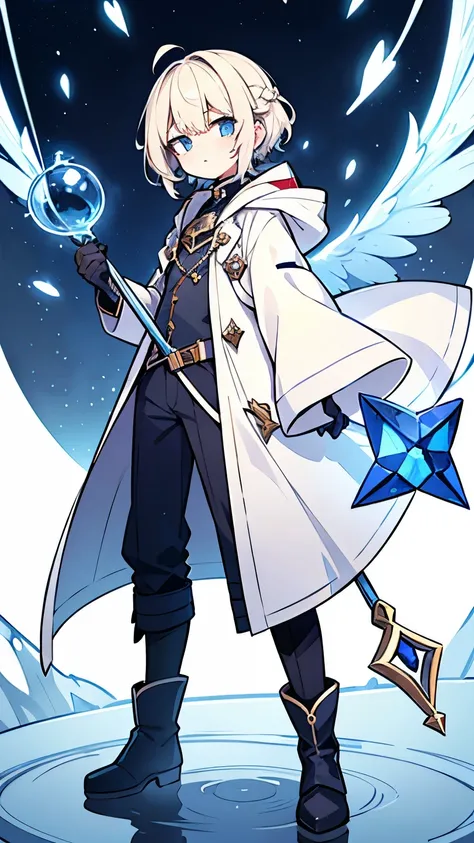 Unknown gender,Age unknown,Platinum blonde curly short hair,Partial long hair braids,Ice Blue Eyes,White coat-like jacket,The clothes inside are navy blue,Boots underfoot,Flying in the sky,Alchemist,He is casting spells while holding a large staff with a r...