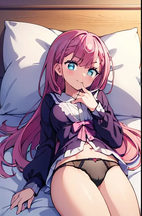 ((masterpiece)), ((best quality)), (ultra-detailed), on the bed, a cute girl, 1girl, solo, smile, underwear00, beautiful pink hair