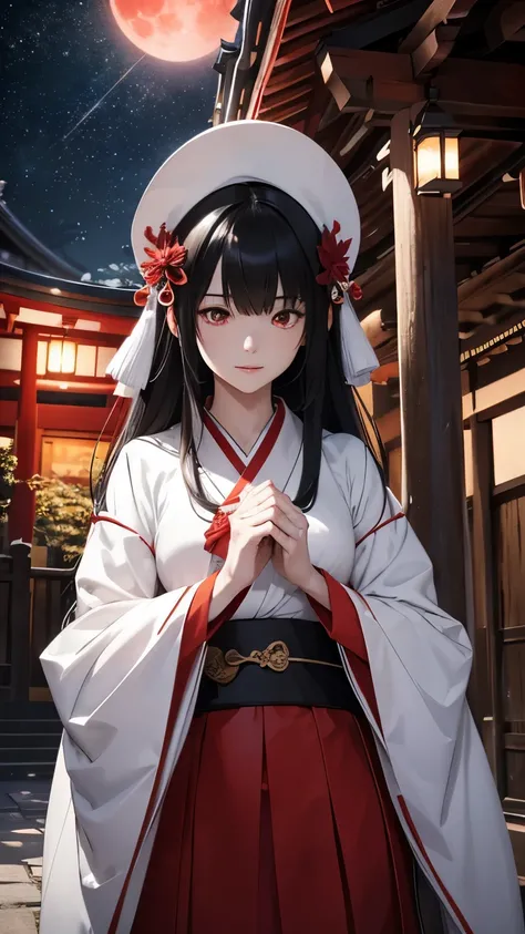 Japanese shrine maiden, girl, shrine, mysterious, human, shrine maiden clothes, short and slender person, standing, white skin, white skin, long black hair, red eyes, crazy smile, beautiful face, night, Beautiful face, white and red clothes, beautiful limb...