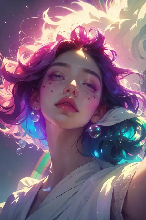 (This is a beautiful rainbow fantasy image that feels interesting and emphasizes glitter and iridescence.) Generate a ((blind)) curvy woman with colorful curly hair and milky white eyes. Her face is important and is perfectly formed with puffy lips and per...