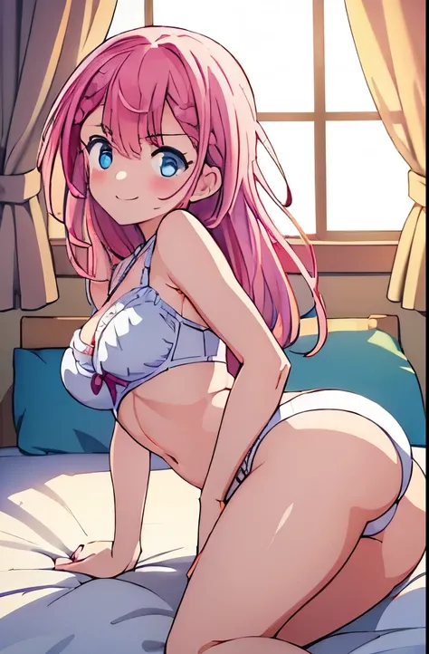 ((masterpiece)), ((best quality)), (ultra-detailed), on the bed, a cute girl, 1girl, solo, smile, underwear00, beautiful pink hair