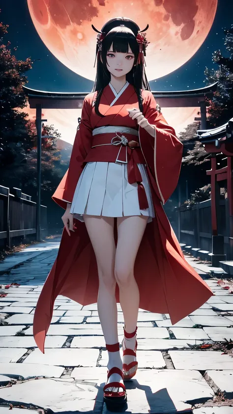 Japanese shrine maiden, girl, shrine, mysterious, human, shrine maiden clothes, short and slender person, standing, white skin, white skin, long black hair, red eyes, crazy smile, beautiful face, night, Beautiful face, white and red clothes, beautiful limb...