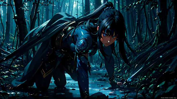 medium shot of a female warrior with fiery face, long dark hair, blue eyes, intense dark armour, wielding a spear, in a forest, ...