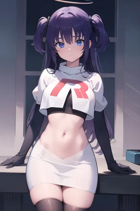 bluearchiveyuuka, yuuka, blue eyes, halo, purple hair, two side up, long hair,
BREAK halo, team rocket,team rocket uniform,white skirt,red letter R,crop top,black thigh-highs,black elbow gloves
BREAK looking at viewer, 
BREAK (masterpiece:1.2), best qualit...