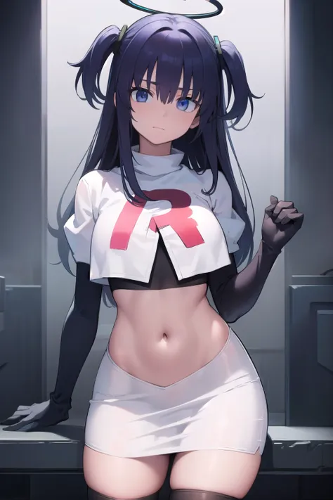 bluearchiveyuuka, yuuka, blue eyes, halo, purple hair, two side up, long hair,
BREAK halo, team rocket,team rocket uniform,white skirt,red letter R,crop top,black thigh-highs,black elbow gloves
BREAK looking at viewer, 
BREAK (masterpiece:1.2), best qualit...