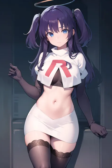 bluearchiveyuuka, yuuka, blue eyes, halo, purple hair, two side up, long hair,
BREAK halo, team rocket,team rocket uniform,white skirt,red letter R,crop top,black thigh-highs,black elbow gloves
BREAK looking at viewer, 
BREAK (masterpiece:1.2), best qualit...