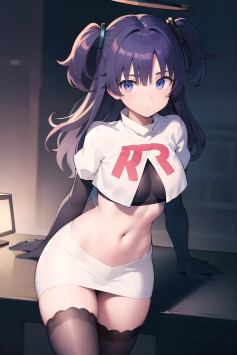 bluearchiveyuuka, yuuka, blue eyes, halo, purple hair, two side up, long hair,
BREAK halo, team rocket,team rocket uniform,white skirt,red letter R,crop top,black thigh-highs,black elbow gloves
BREAK looking at viewer, 
BREAK (masterpiece:1.2), best qualit...