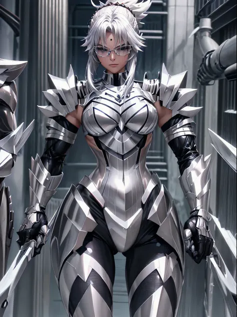 5 8K UHD、Muscular beauty wearing shiny full-body silver armor wearing glasses with her arms behind her back、Beauty with shiny silver latex suit glasses with hidden skin、Upper body only
