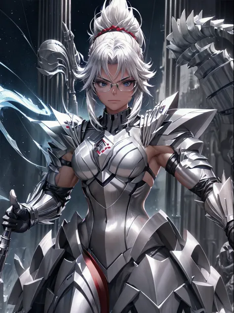 5 8K UHD、Muscular beauty wearing shiny full-body silver armor wearing glasses with her arms behind her back、Beauty with shiny silver latex suit glasses with hidden skin、Upper body only
