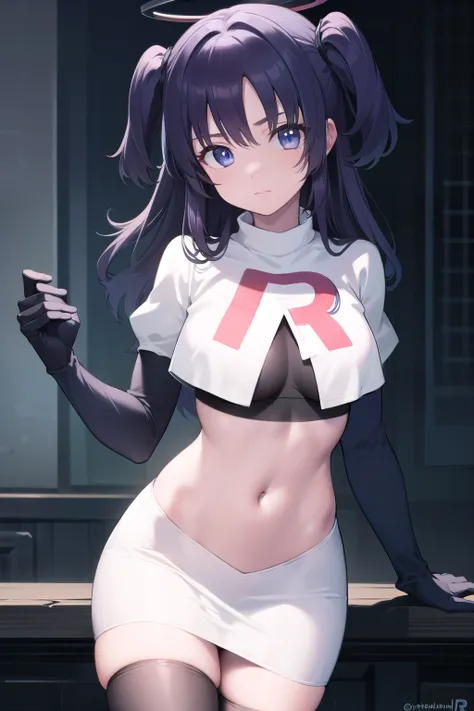 bluearchiveyuuka, yuuka, blue eyes, halo, purple hair, two side up, long hair,
BREAK halo, team rocket,team rocket uniform,white skirt,red letter R,crop top,black thigh-highs,black elbow gloves
BREAK looking at viewer, 
BREAK (masterpiece:1.2), best qualit...