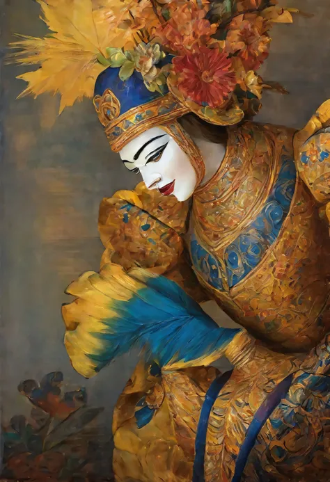 (golden, white, blue, yellow) (oil painting) (detailed, intricate) (Balinese puppet Marionette) in a (garden scene), surrounded by (lush, vibrant foliage). The Marionette has (colorful, mesmerizing) that (sparkle) under the (soft, warm) (sunlight). Its (ca...