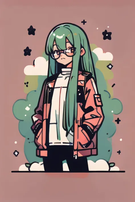 man, glasses, long green hair, red eyes, leather clothes, hand in pocket