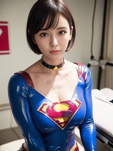 masterpiece、enamel supergirl costume、short hair、hospital operating table、crisis situation、big and ample breasts、looking at the c...