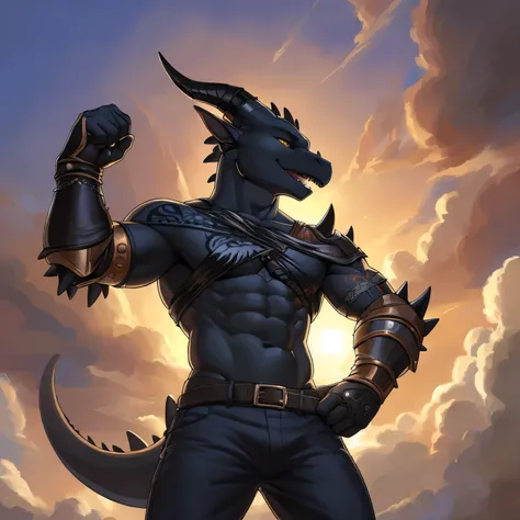 (masterpiece, best quality, high quality, highres:1.4), detailed, extremely detailed, bright lighting, 4K, (by ruaidri), yupa, kiyosan,(by meesh), (by fffffolder)), delga: ( slim, athletic, dragon, black body, smooth skin, athletic muscle, anthro legs, ((s...