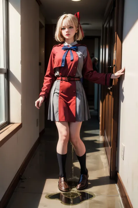 (realistic,photorealistic:1.4), (masterpiece,best quality:1.2), RAW photo, high resolution ,extremely detailed, intricate details, cinematic lighting, (full body,black socks,loafers:1.5),solo,1girl,nishikigi chisato, red ribbon, (lycoris uniform, red hair ...