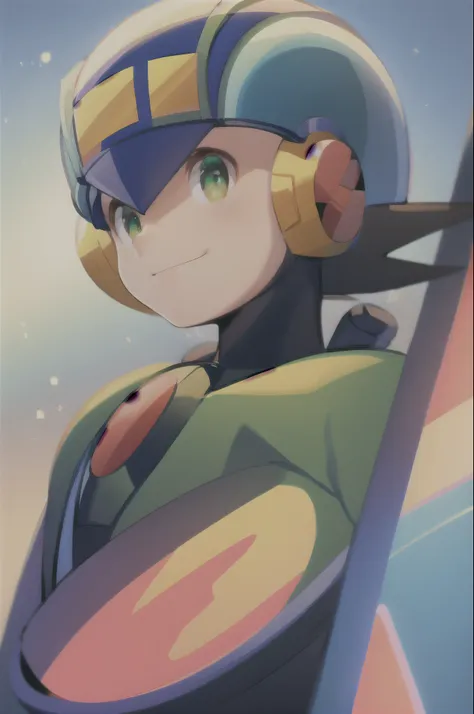 masterpiece, best quality, 1boy, megaman, black hair, closed mouth, green eyes, helmet, looking at viewer, male focus, smile, so...