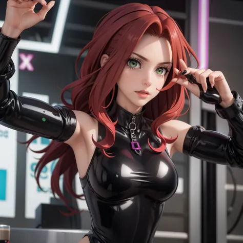 A 30-year-old woman, cabello rojo ondulado, piel clara, ojos verdes como esmeraldas, pechos grandes, Cyberpunk glossy latex set negro, selfi, , pechos grandes. cuerpo completo. manos perfectas.